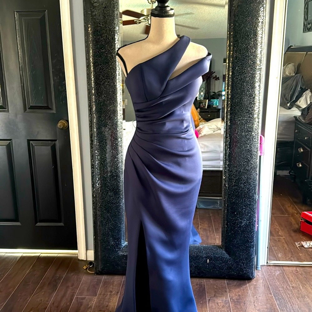 Jovani One-Shoulder Navy Blue Satin Evening Gown